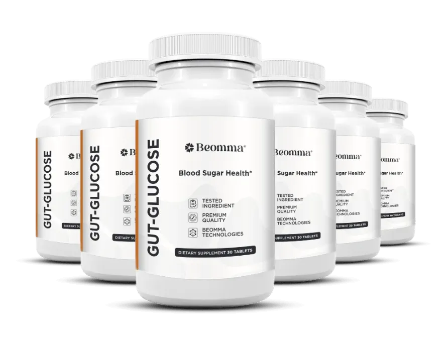 Adult holding GutGlucose blood sugar support bottle for daily gut health routine