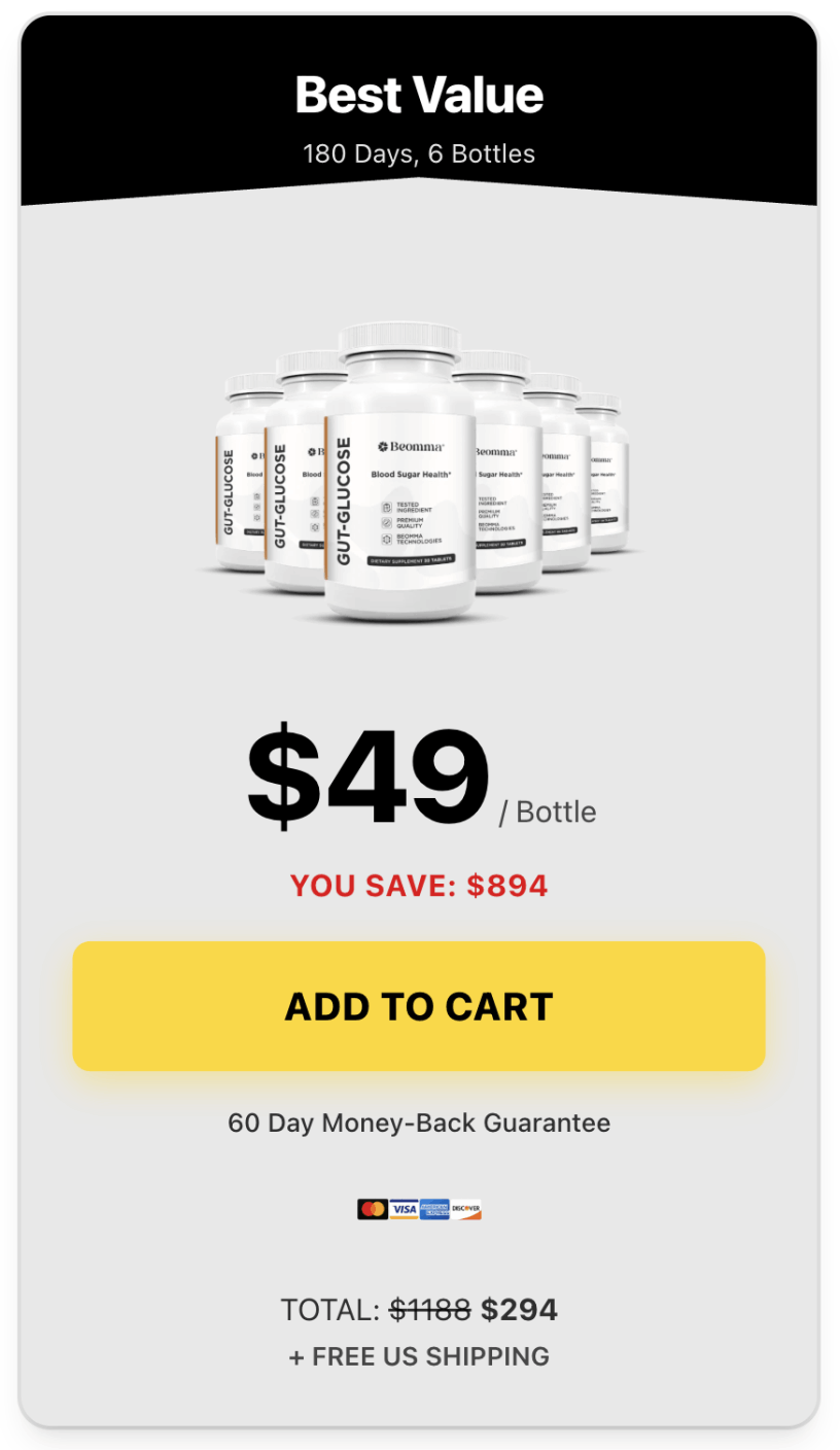 GutGlucose 6 bottles 180-day supply best value package with free shipping